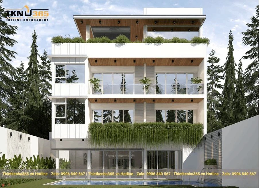 Thiết kế biệt thự 4 tầng có bể bơi 