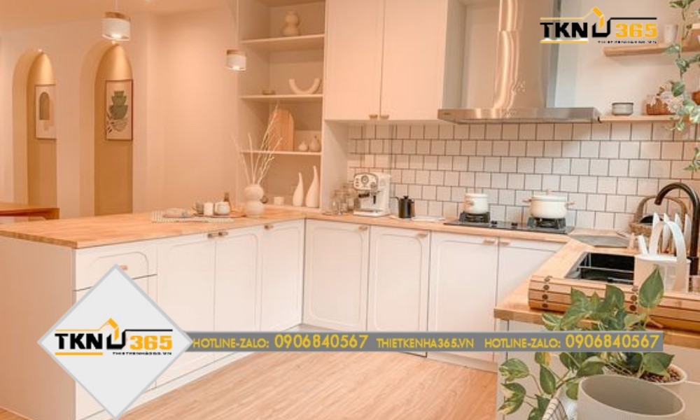 mẫu thiết kế nhà 100m2 với nhà bếp tông hồng cam