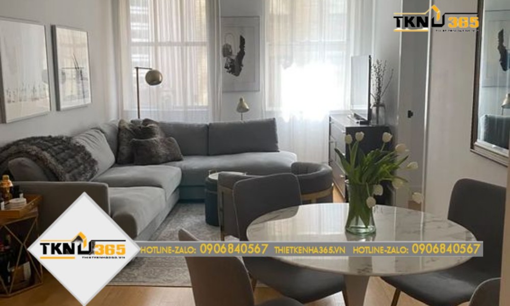 mẫu thiết kế nhà 100m2 có phòng khách sáng sủa có thể dùng làm bàn ăn