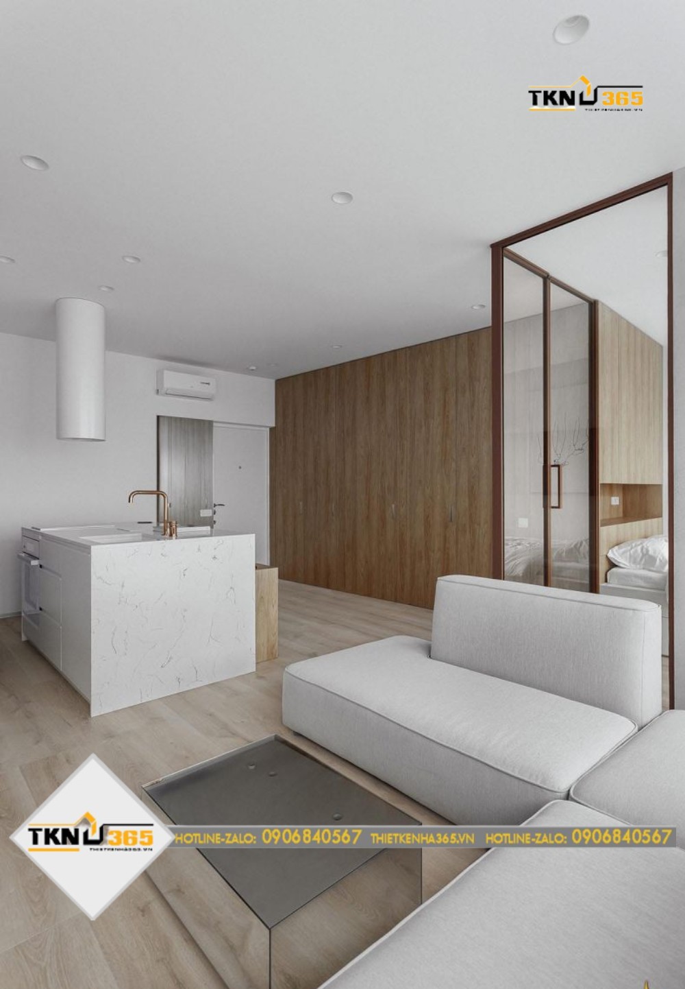 Phòng khách tích hợp phòng bếp với đảo bếp hiện đại