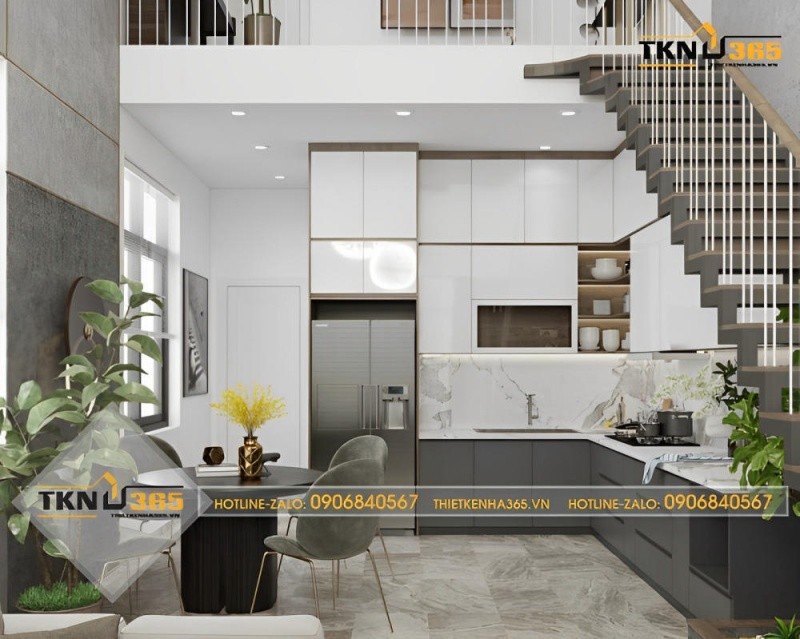 Thiết kế nội thất phòng bếp nhà đẹp 40m2 có gác lửng