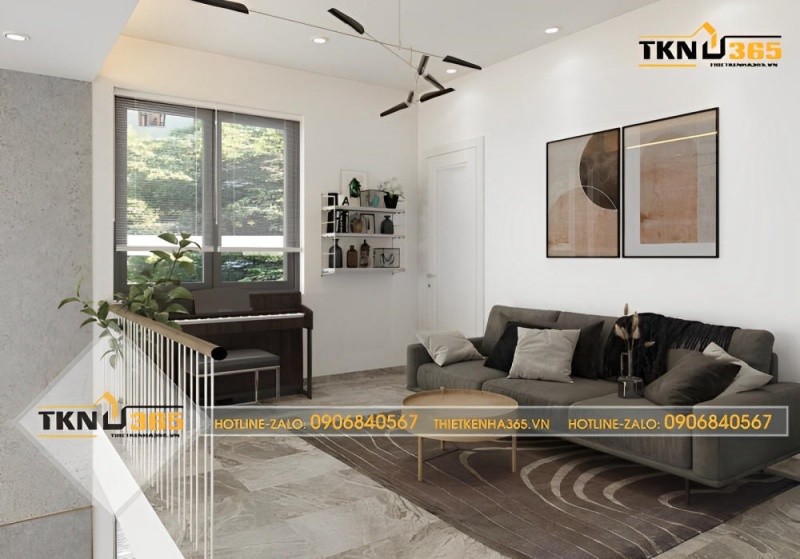 Nội thất phòng khách của mẫu thiết kế nhà 40m2 có gác lửng