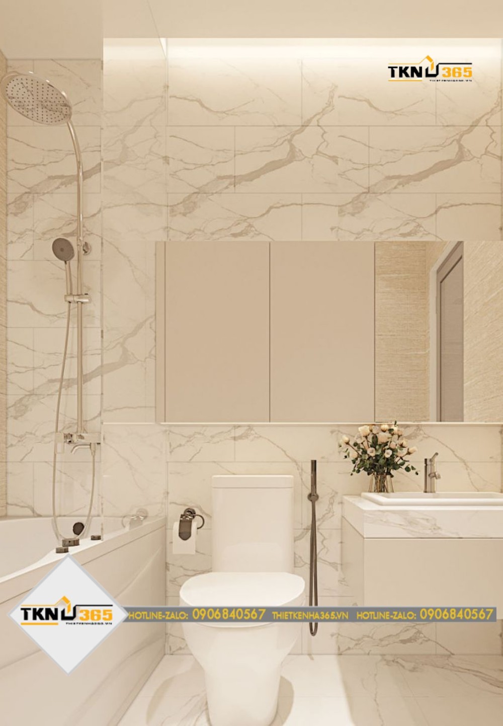 Phòng tắm nhà phố 40m2 tuy không quá rộng rãi nhưng vẫn đảm bảo có đủ bồn tắm, lavabo, tủ đựng đồ, toilet