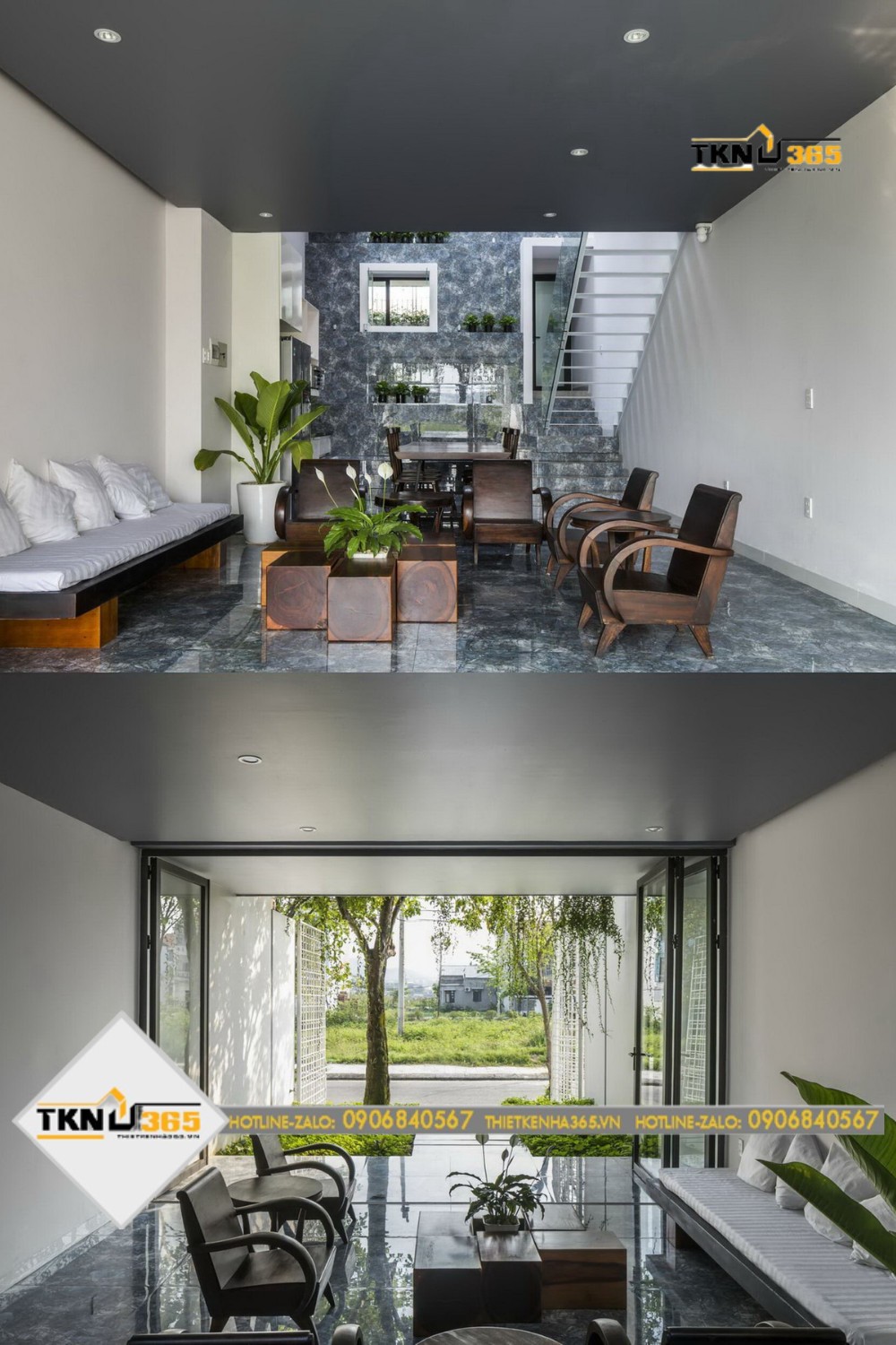 Giếng trời ngăn giữa phòng bếp và phòng ngủ là một điểm nhấn quan trọng trong thiết kế