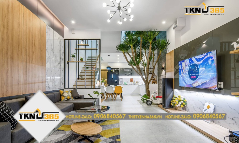Phòng khách rộng rãi, ngăn tách với khu vực khác bằng vách tạo sự thông thoáng