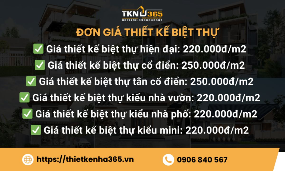 Bảng giá thiết kế nội thất biệt thự 