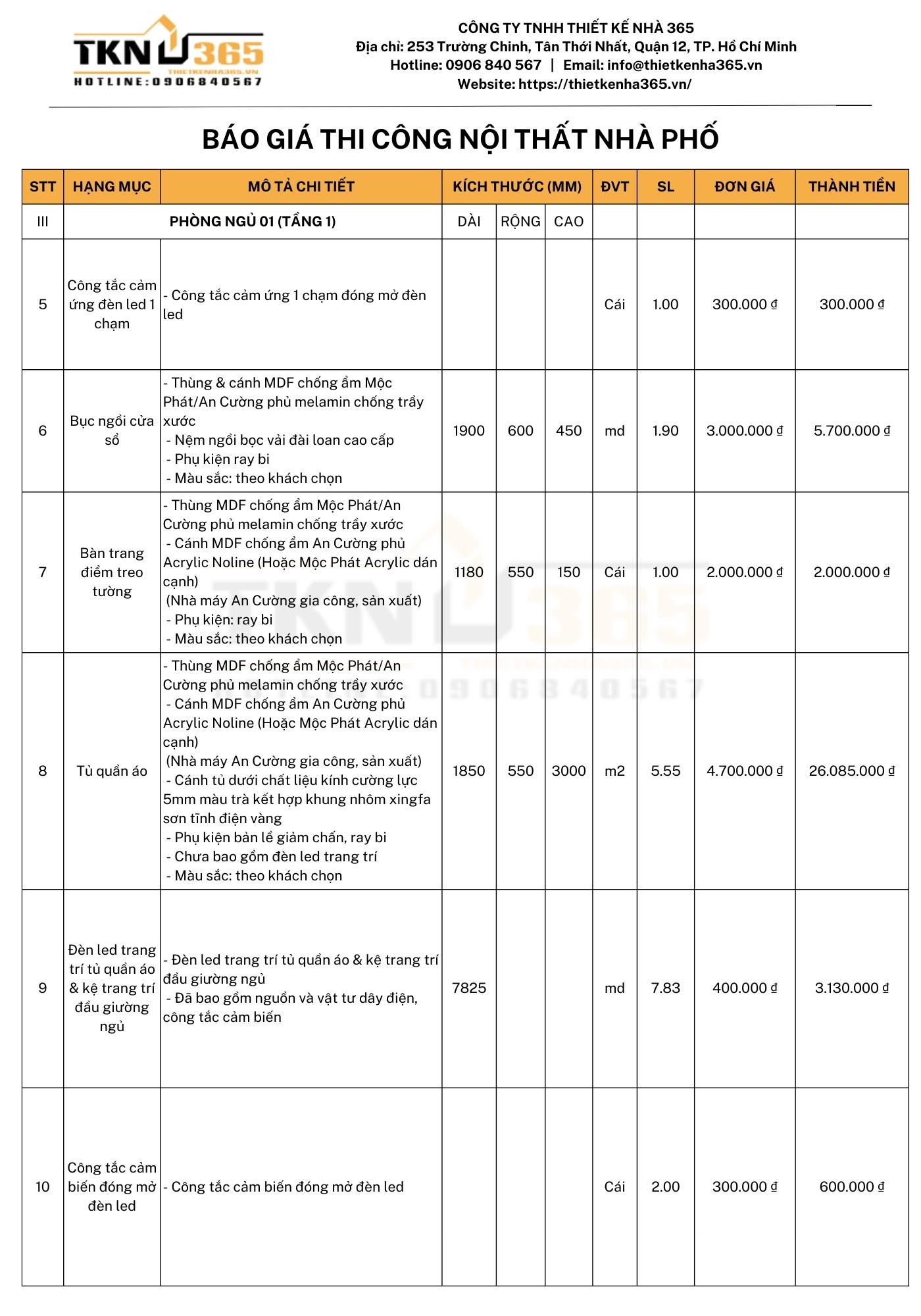 báo giá thi công nội thất nhà phố