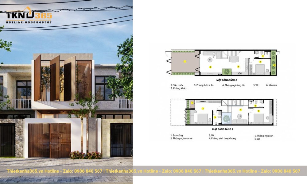Mẫu nhà 2 tầng 60m2 có sân lớn 