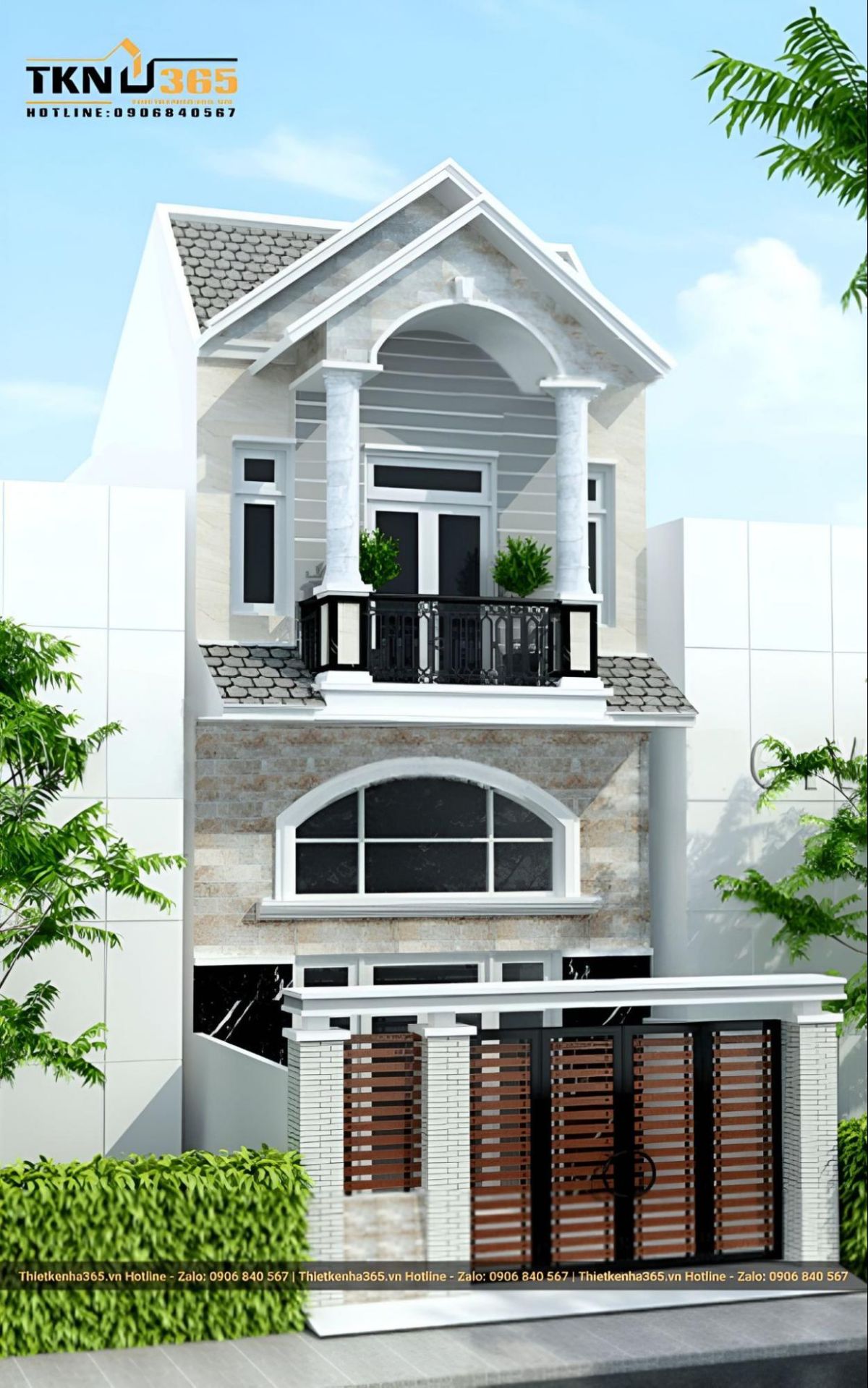 mẫu thiết kế nhà 2 tầng có gác lửng mái thái hiện đại