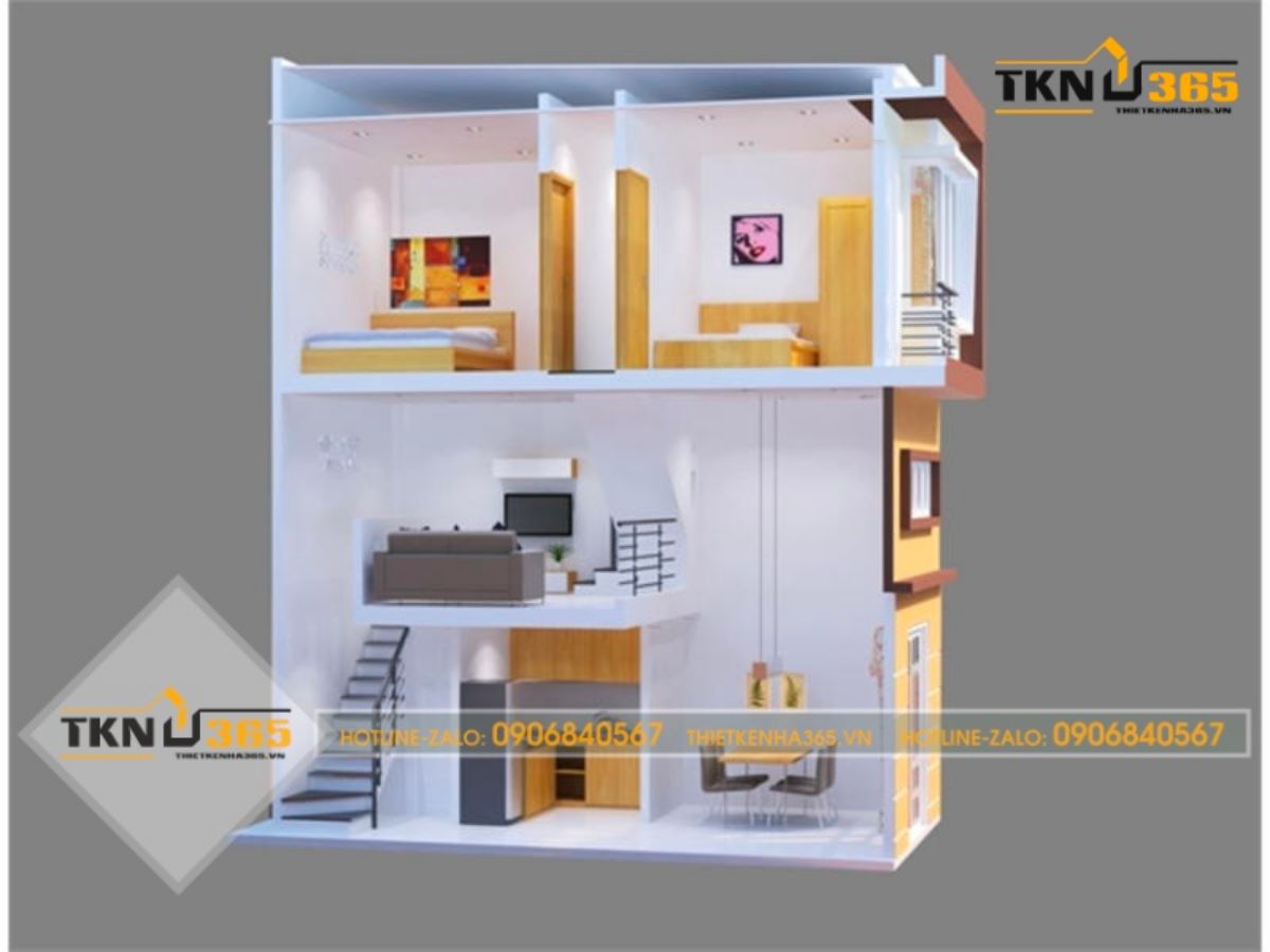 bản vẽ lát cắt mẫu thiết kế nhà 2 tầng có gác lửng