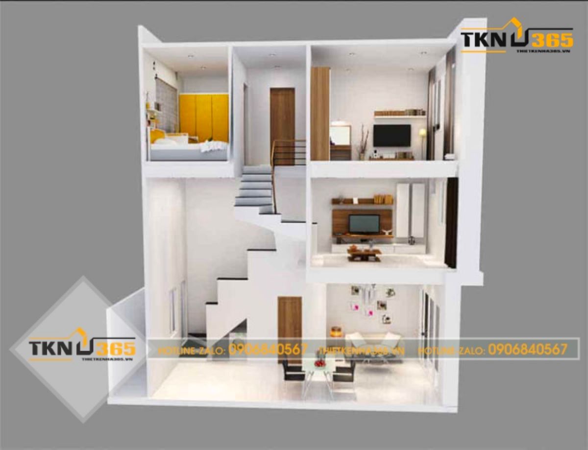 bản vẽ mẫu thiết kế nhà 2 tầng có gác lửng