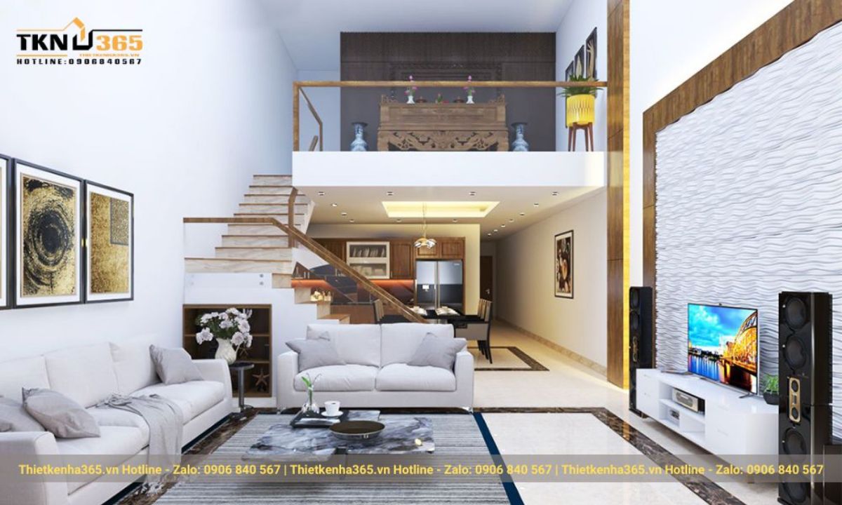 phòng khách mẫu thiết kế nhà 2 tầng có gác lửng