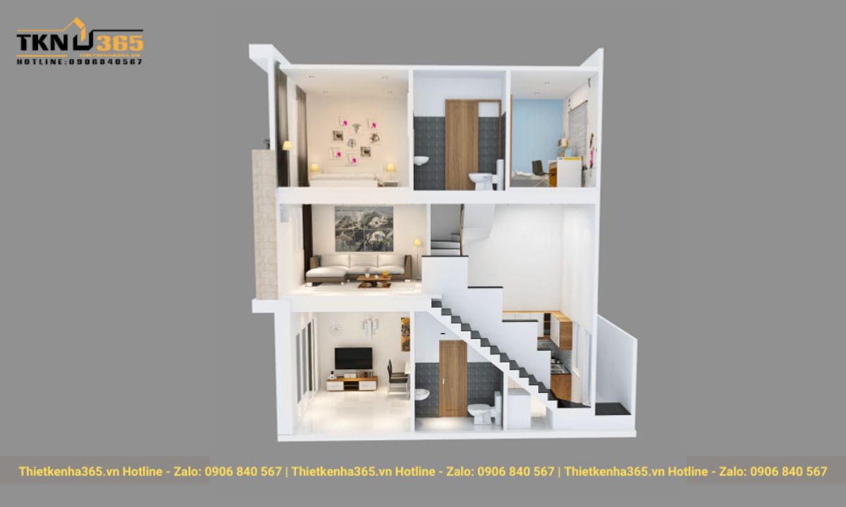 bản vẽ lát cắt mẫu thiết kế nhà 2 tầng có gác lửng