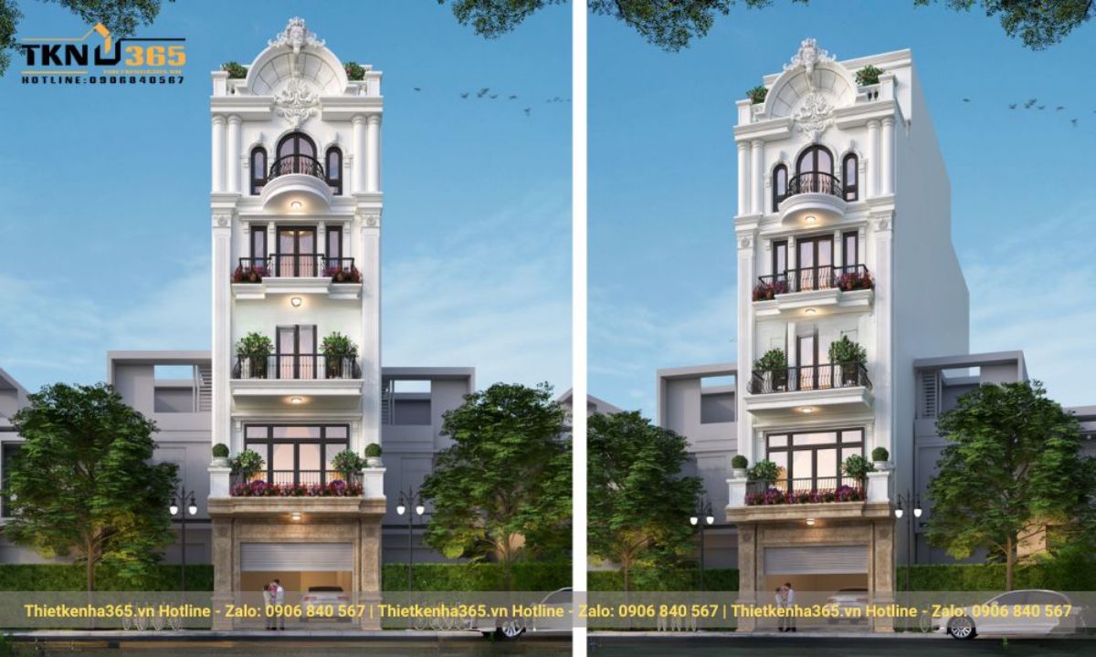 mẫu thiết kế nhà phố rộng 6m 5 tầng tân cổ điển