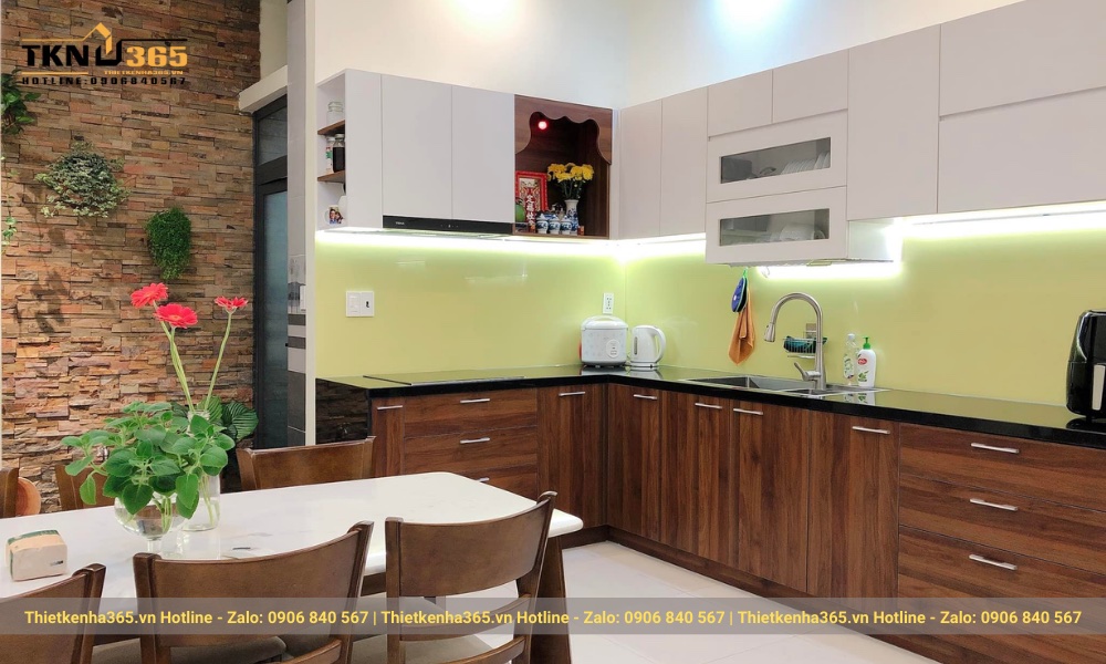 Thi công nội thất tủ bếp L tạo ra  không gian nấu nướng đẹp hiện đại và tiện nghi