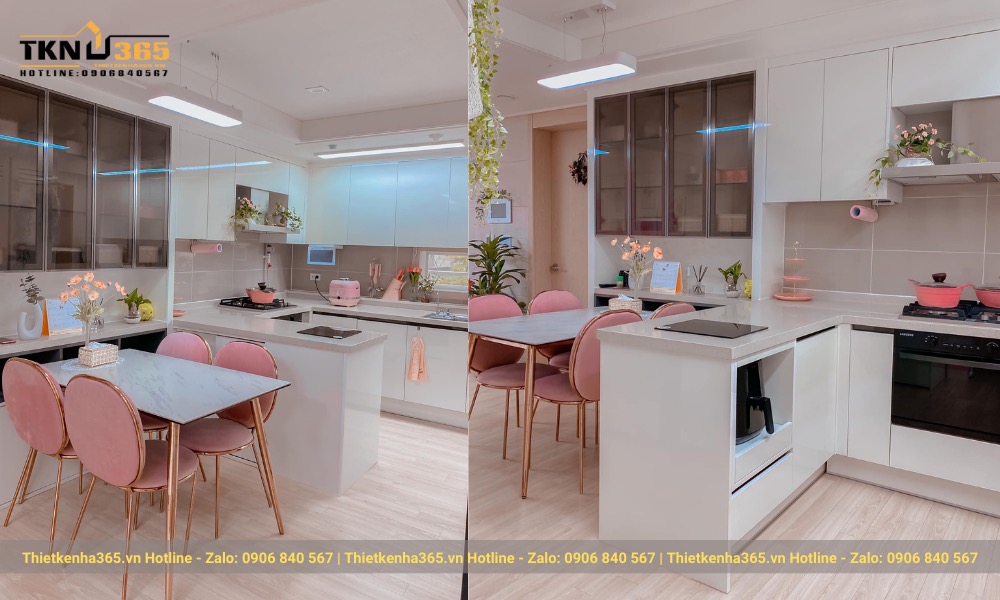 Khu vực bếp nấu, tủ chứa đồ, bàn ăn được sắp xếp gọn gàng, khoa học trong không gian có diện tích không quá lớn