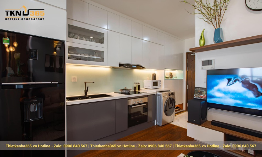 Công trình nội thất nhà bếp chữ I kịch trần cho căn hộ studio