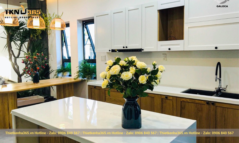 Bàn đảo gỗ ốp nhựa bóng gương sang trọng