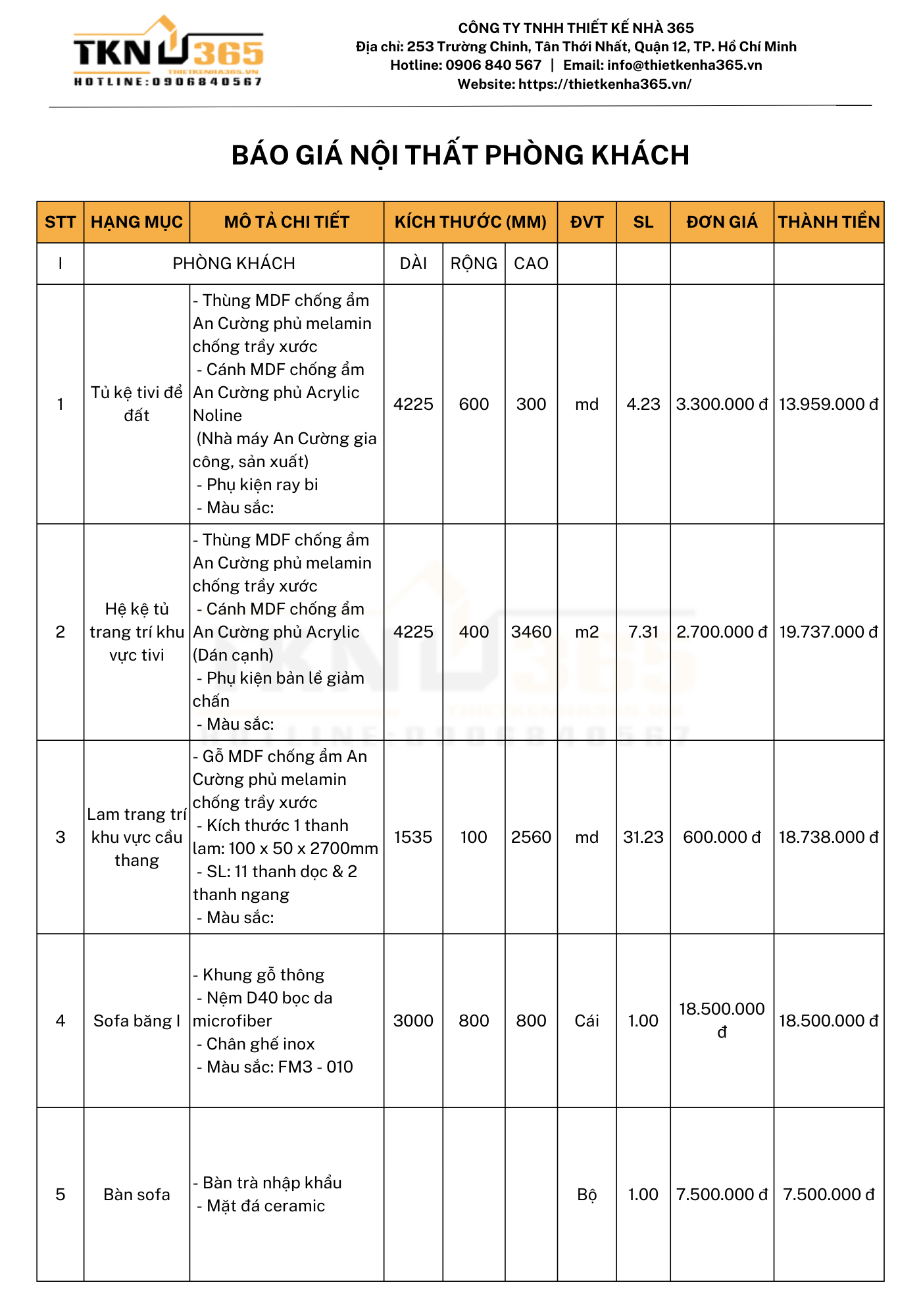 Báo giá thi công nội thất phòng khách tại Thiết Kế Nhà 365