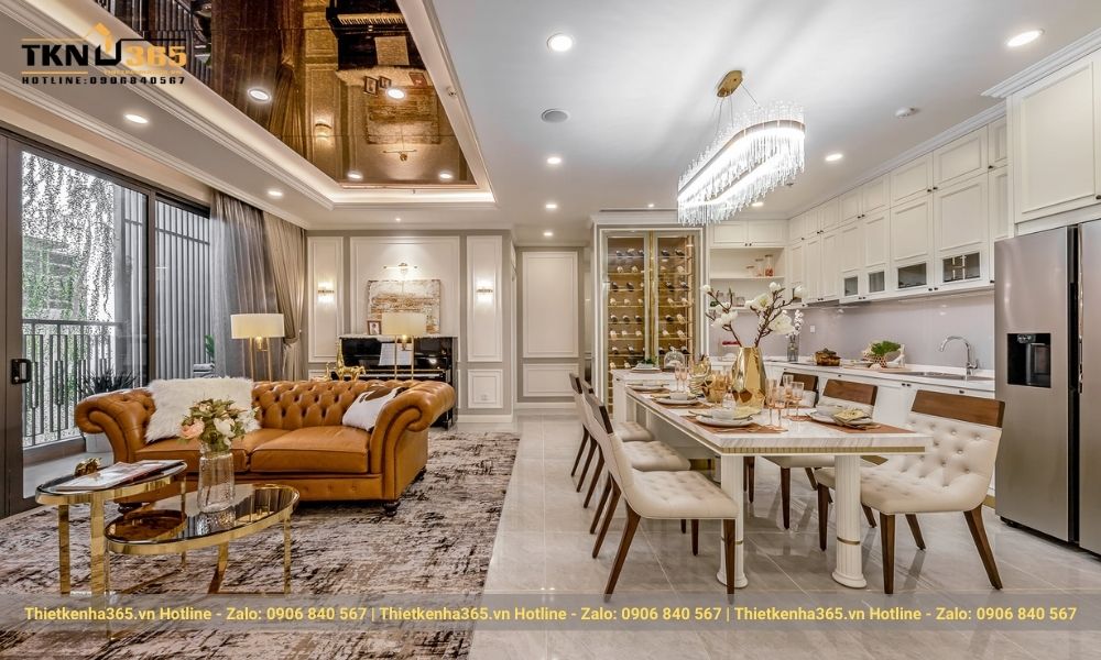 Phòng khách gắn liền với bàn ăn tạo cảm giác ấm cúng gia đình