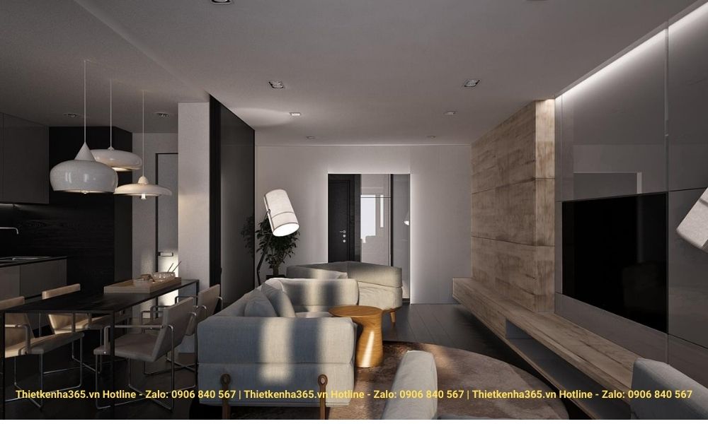 Sơn tường màu gỗ kết hợp với phòng sử dụng gam màu tối hài hòa