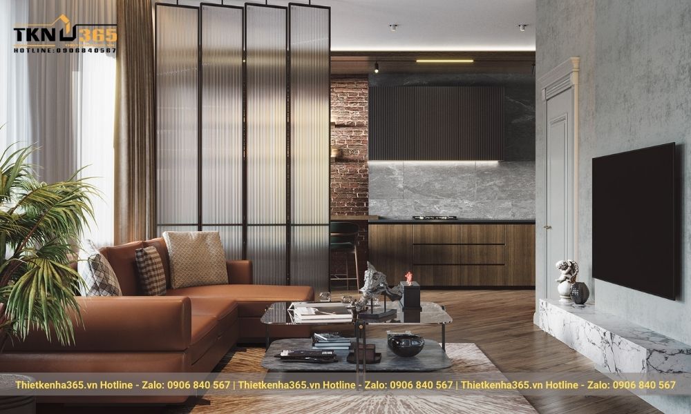 Nội thất trong phòng khách hiện đại như tivi, bàn trà, sofa