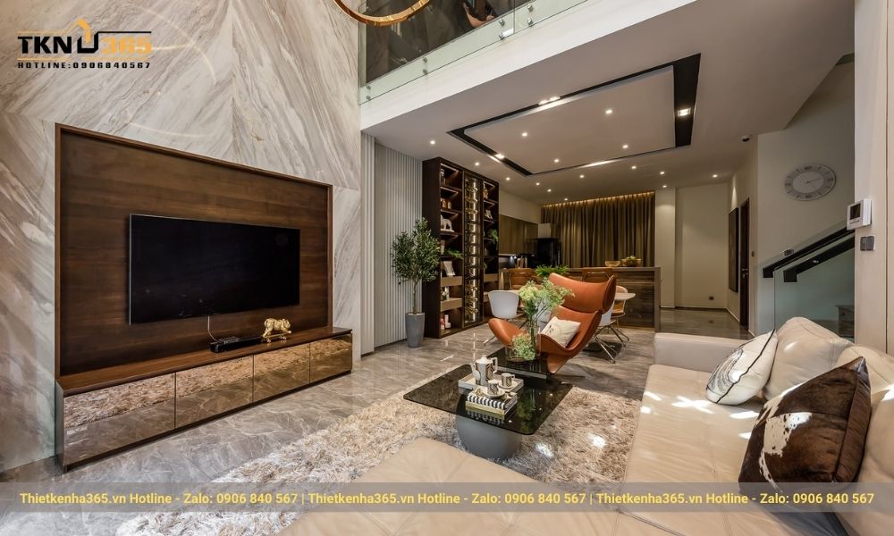 Thi công nội thất phòng khách nhà phố 2 tầng luxury