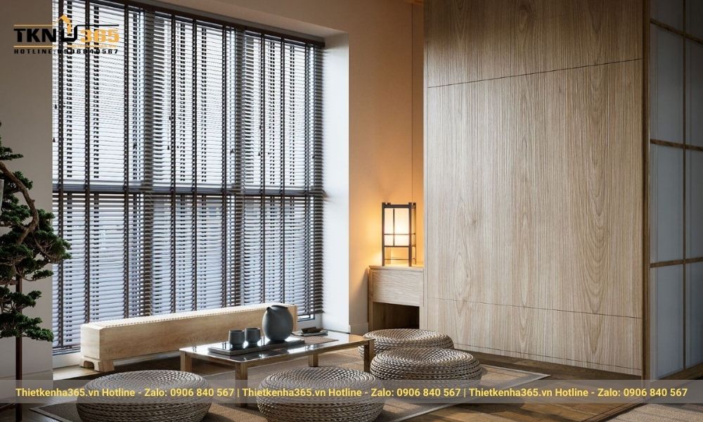 Thi công nội thất phòng khách nhà phố kiểu Nhật