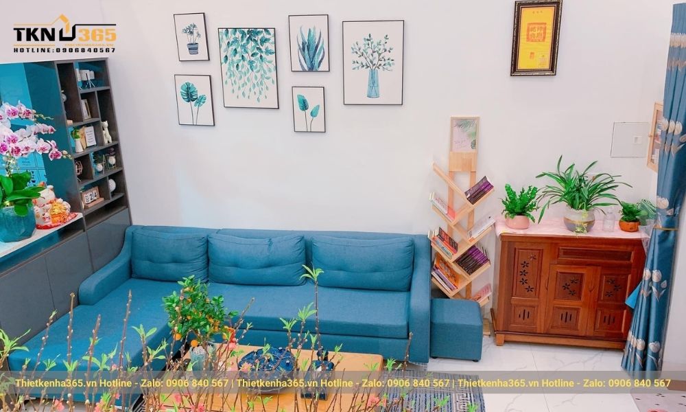 Bộ sofa màu xanh làm tươi mát phòng khách