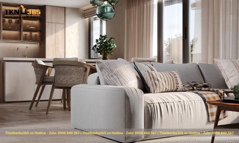 Không gian phòng khách kết hợp với phòng ăn tiện nghi