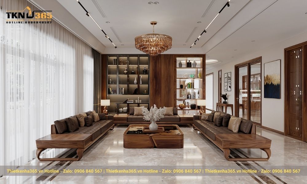 Nội thất trong phòng khách được sử dụng từ gỗ óc chó