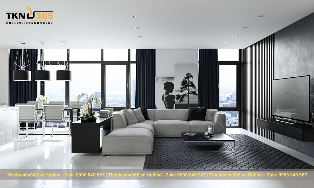 Thiết kế nội thất phòng khách hiện đại màu đen trắng
