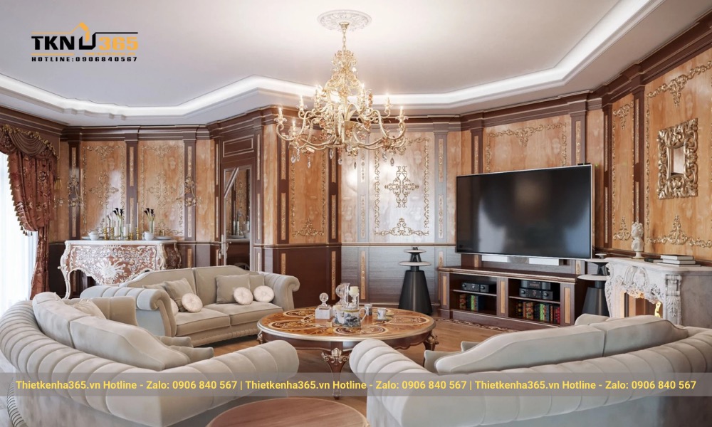 Các họa tiết, vật dụng trang trí mang kiểu dáng cổ xưa trong phòng khách