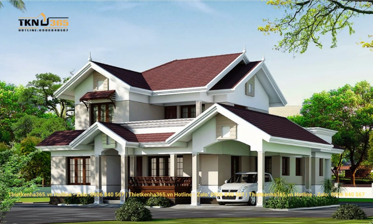 Mẫu nhà vuông 2 tầng mái thái 