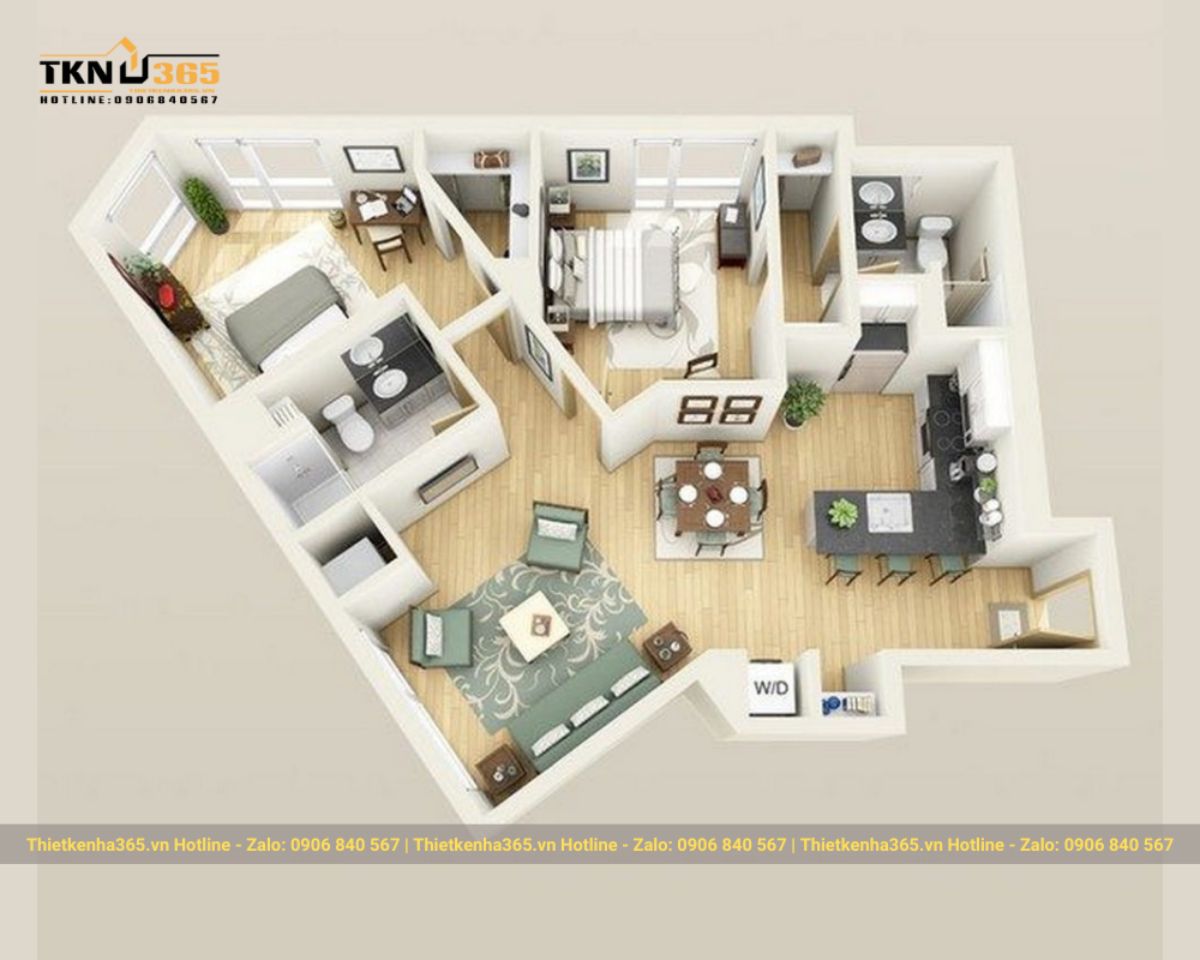 Thiết kế căn hộ 85m² có mặt bằng méo đầy trẻ trung