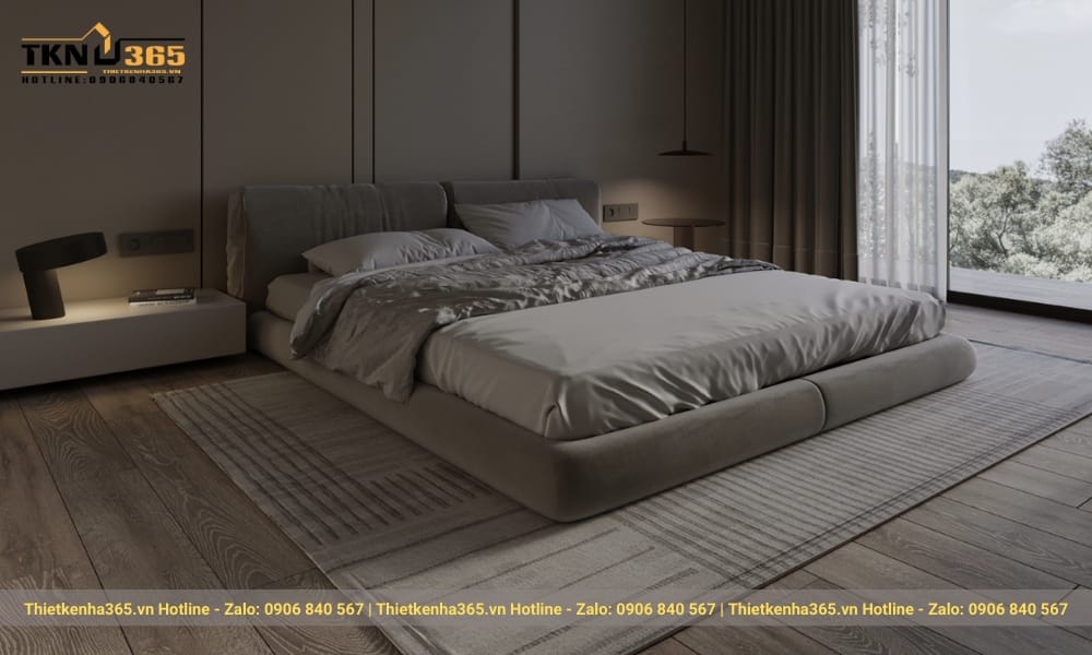 Hiệu ứng của sàn gỗ và ánh sáng giúp phòng ngủ trở nên ấm áp.