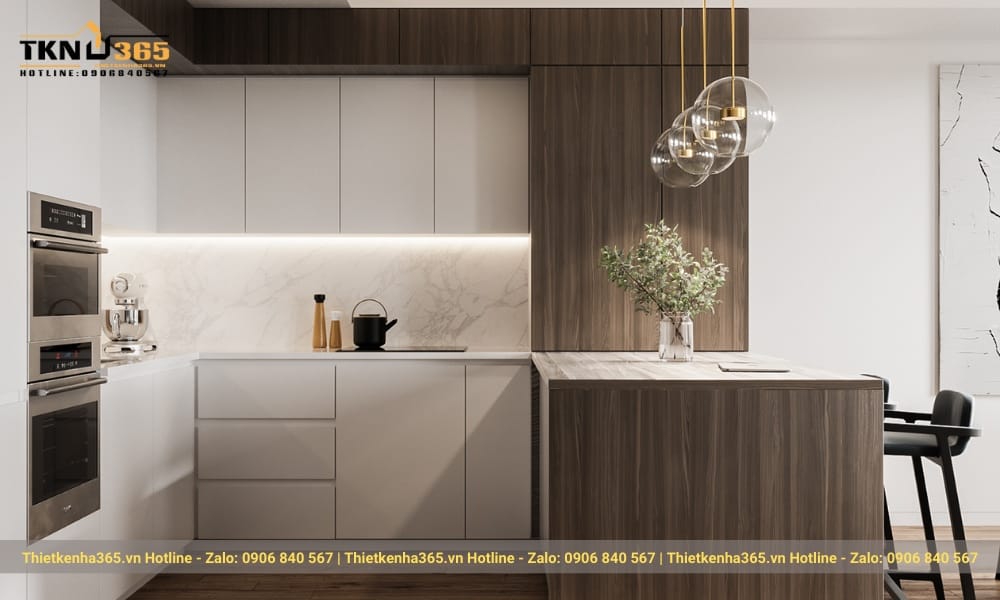 Phòng bếp được thiết kế thông minh với lò nướng âm tường.