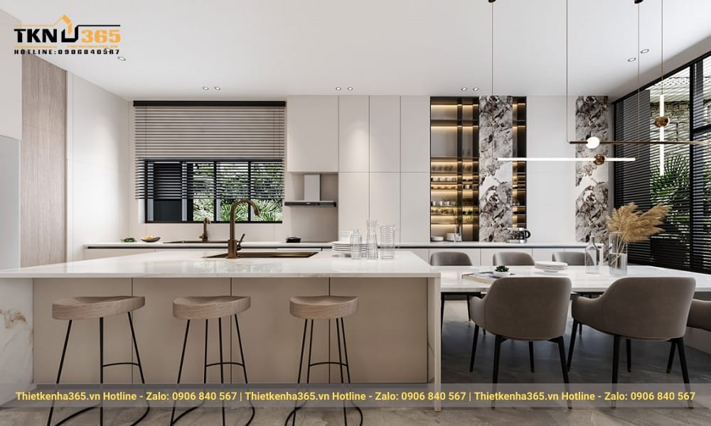 Đối diện giường ngủ là hệ kệ tivi kết hợp với bàn trang điểm màu trắng trang nhã.