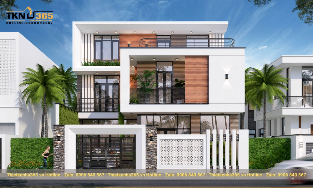 Mẫu thiết kế biệt thự hiện đại 3 tầng với tông màu trắng chủ đạo