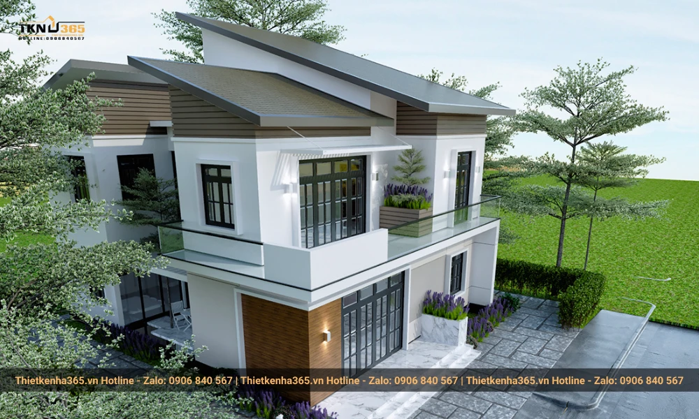 Mẫu nhà 2 tầng với thiết kế mái xéo nhiều cấp 