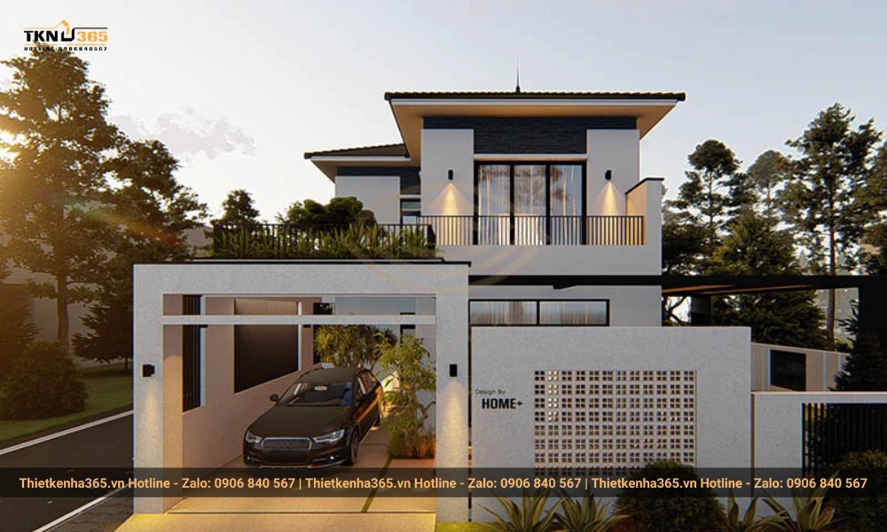 Mẫu nhà lợp mái tôn đẹp 2 tầng để xe