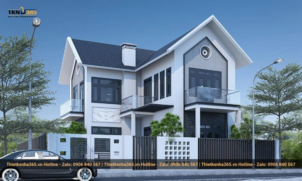 Mẫu nhà 2 tầng mái tôn đẹp hình khối cùng mái chữ A