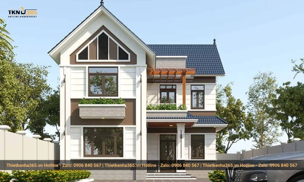 Mẫu nhà 2 tầng mái tôn chữ L 