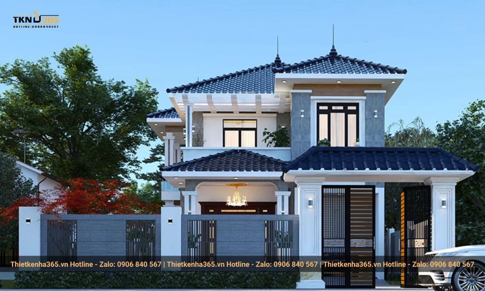 Mẫu nhà lợp mái tôn đẹp 2 tầng để xe 