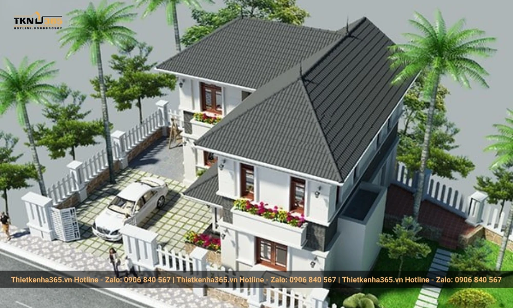 Mẫu nhà 2 tầng mái tôn chữ L 