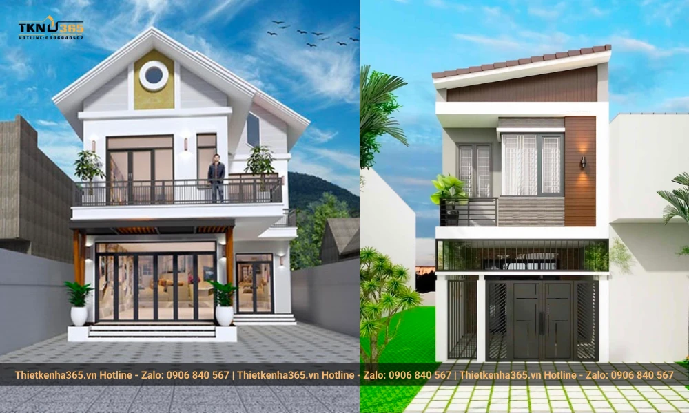 Mẫu nhà 2 tầng mái tôn đẹp, có lan can hóng gió 