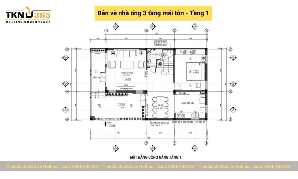 Bản vẽ nhà ống 3 tầng mái tôn tầng 1
