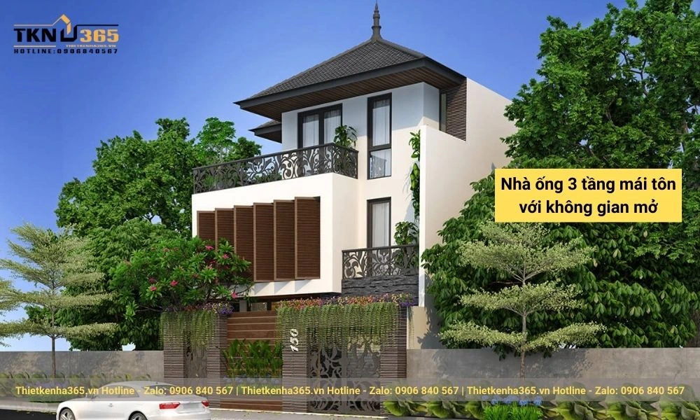 Mẫu nhà ống 3 tầng mái tôn không gian mở