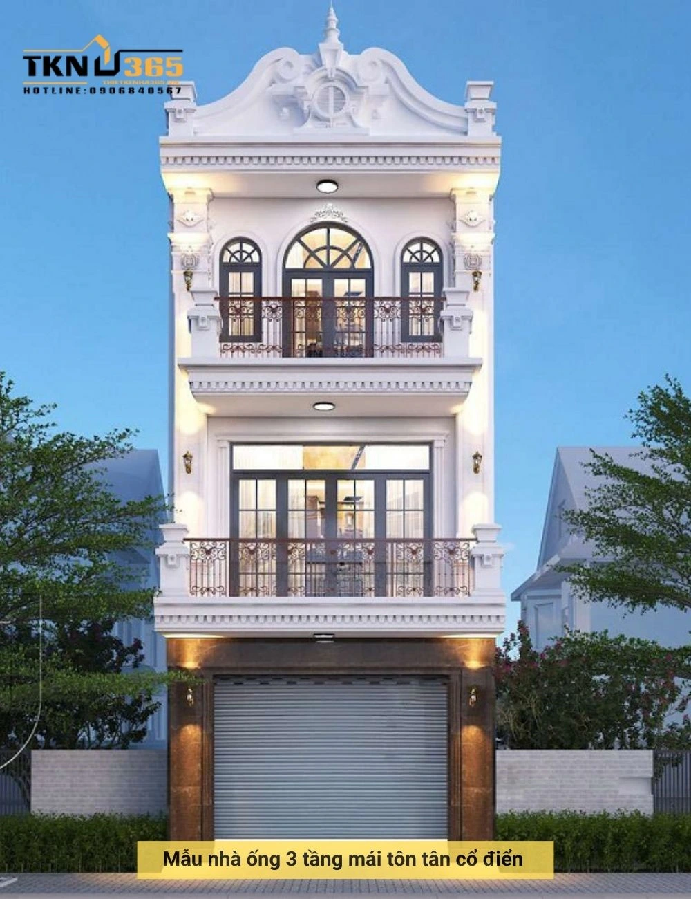 Thiết kế nhà ống 3 tầng mái tôn tân cổ điển