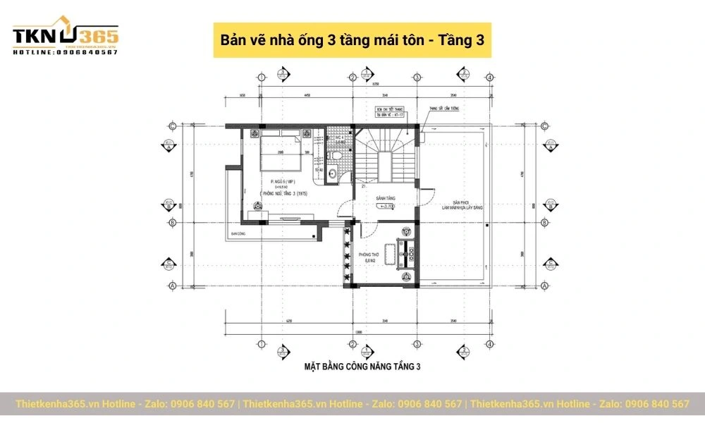 Bản vẽ nhà ống 3 tầng mái tôn tầng 3
